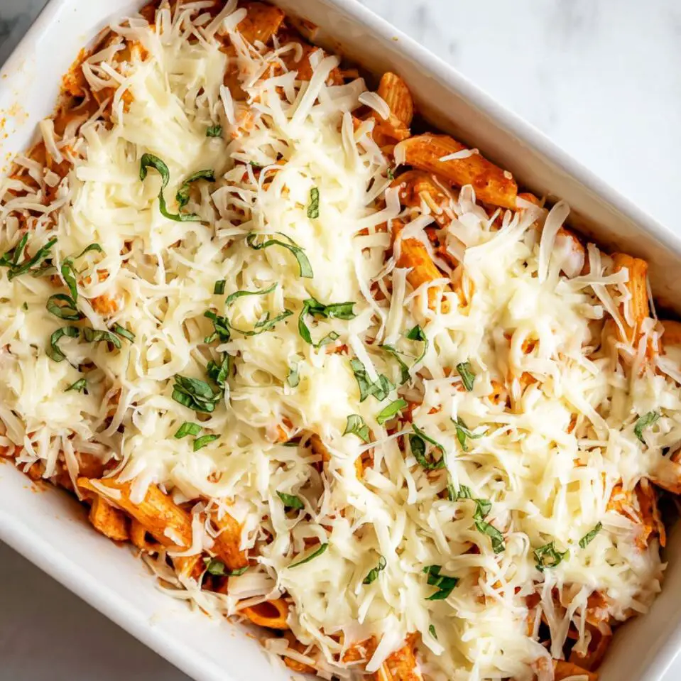 Mozzarella cheese melting over pasta and basil in a white baking dish