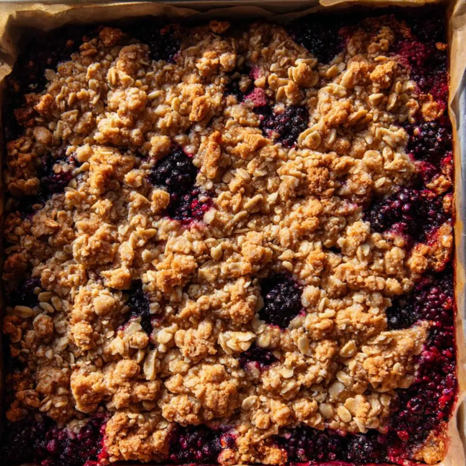 Freshly baked blackberry oatmeal bars still in the pan, golden and bubbling.
