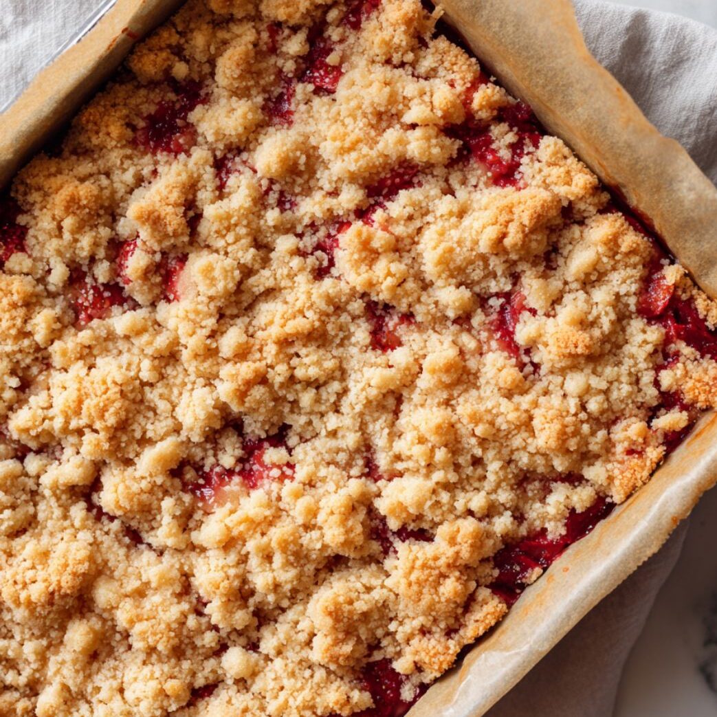 Freshly baked strawberry crumb bars in pan with golden crumble topping

