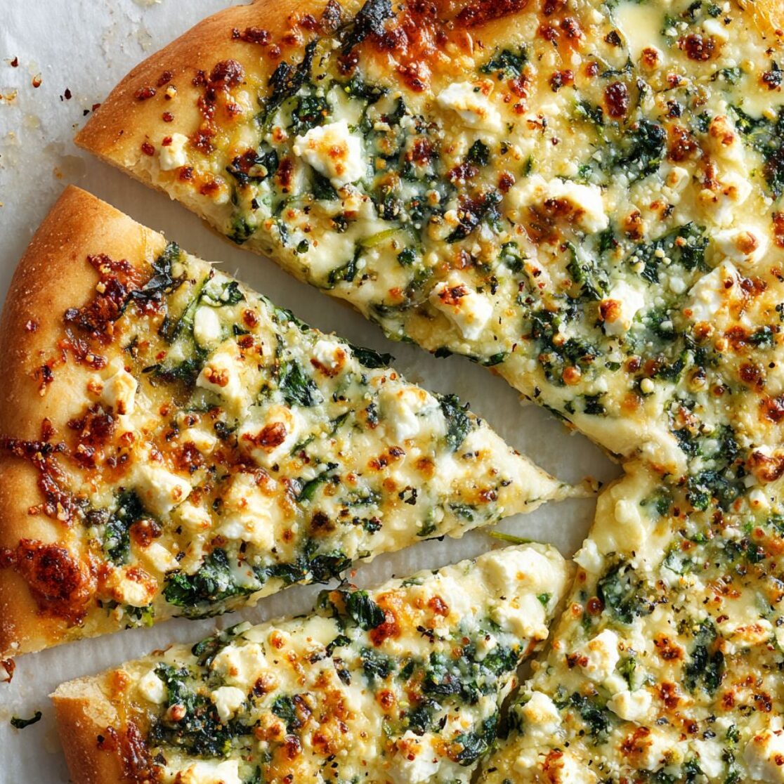 Freshly baked spinach and feta pizza cooling before slicing
