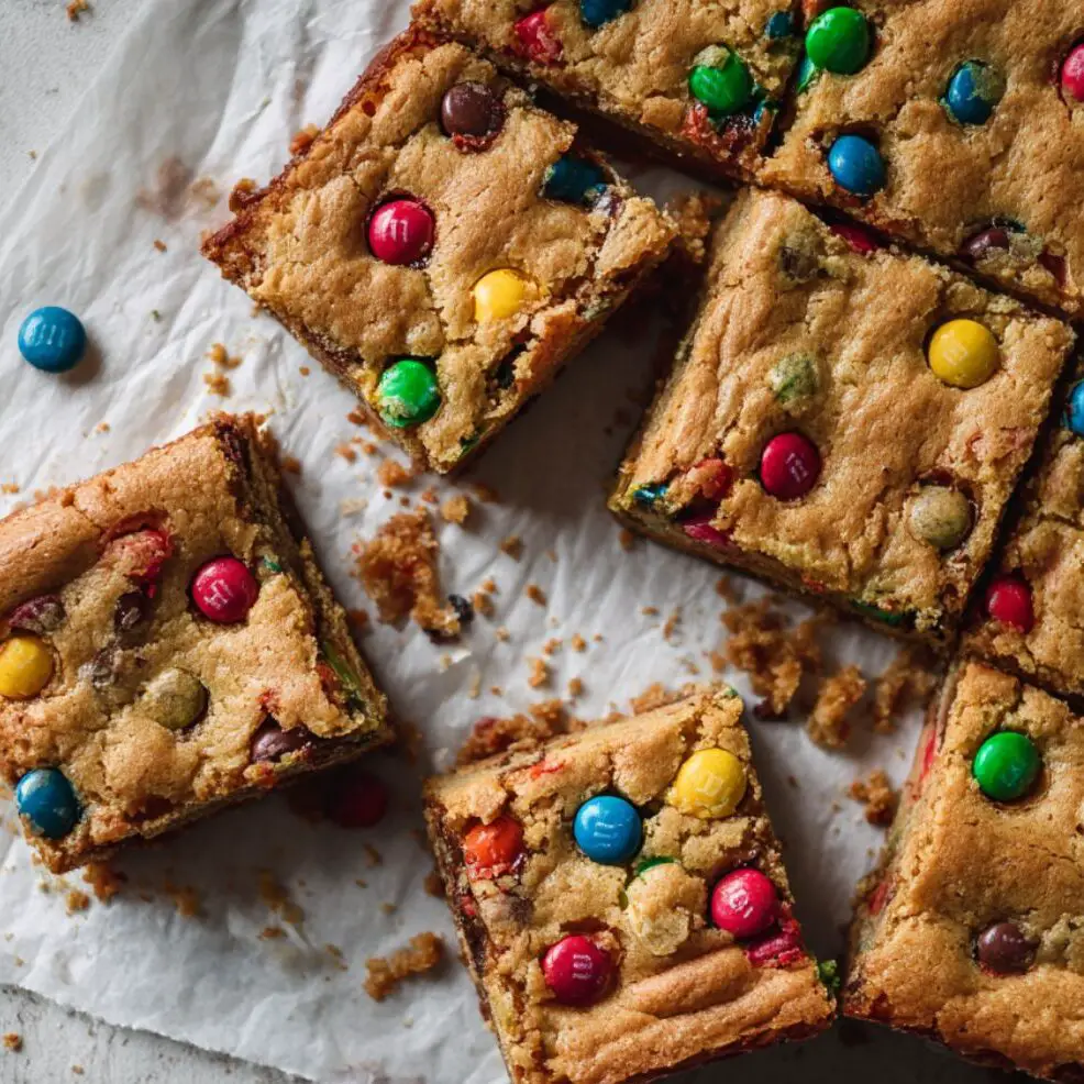 Cooled M&M cookie bars cut into squares on parchment
