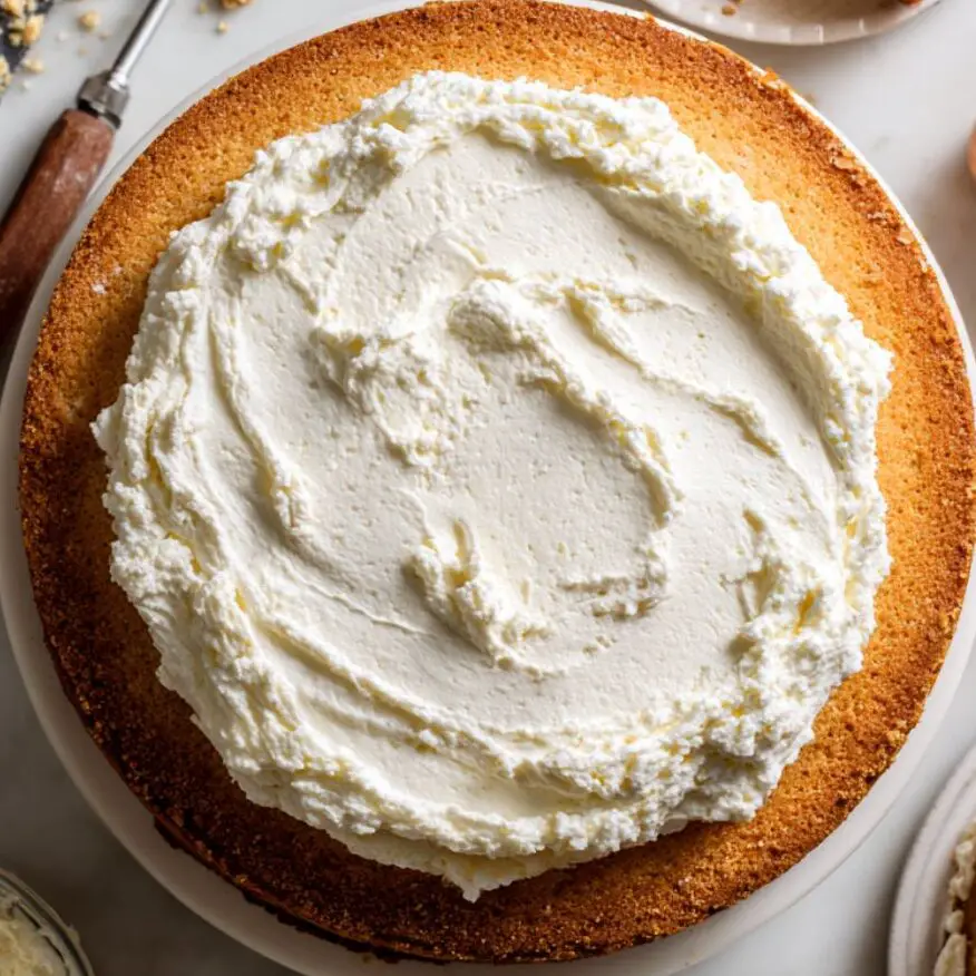 Spreading whipped cream filling on almond cake layer during assembly.
