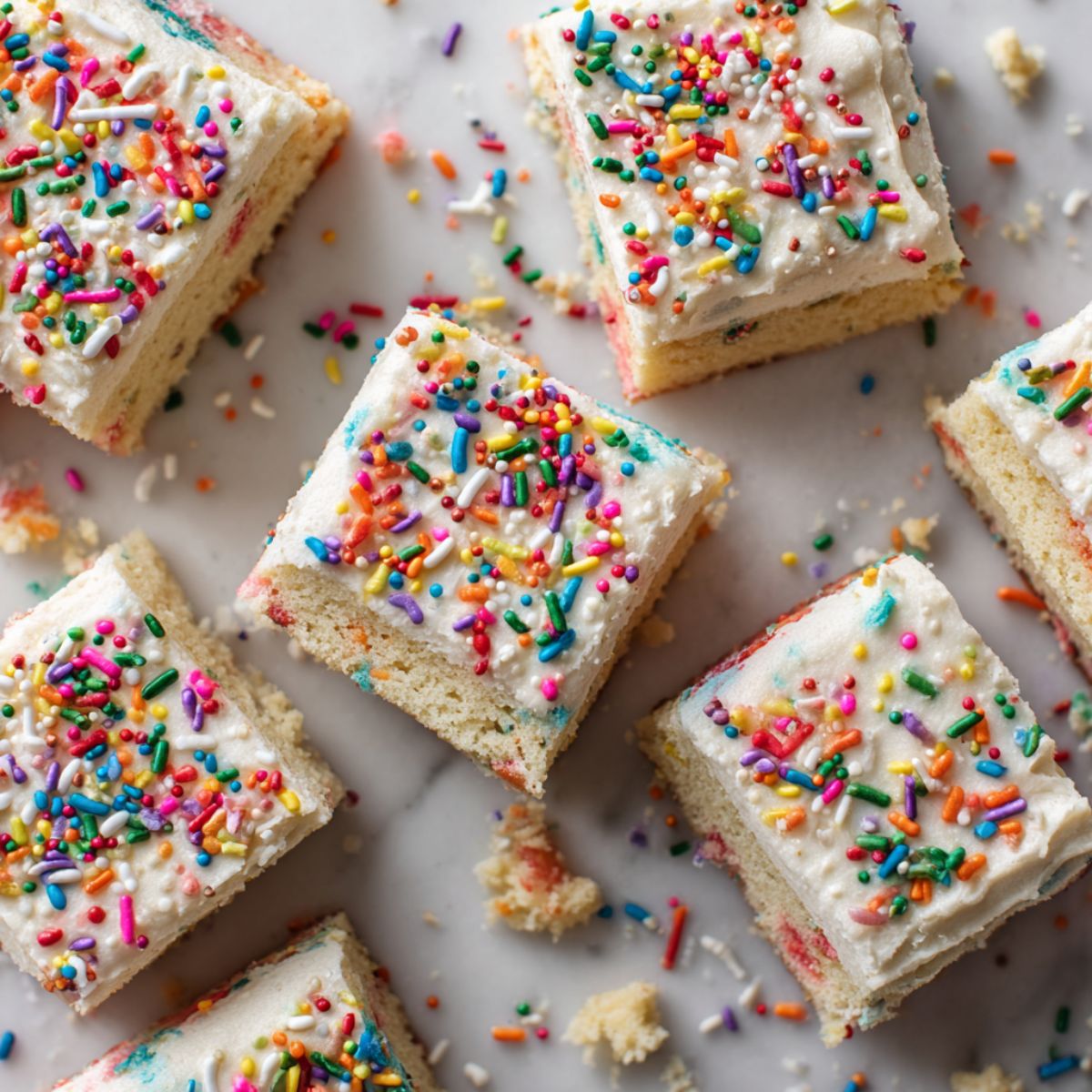 Frosted Funfetti cake bars topped with sprinkles, cut and ready to serve

