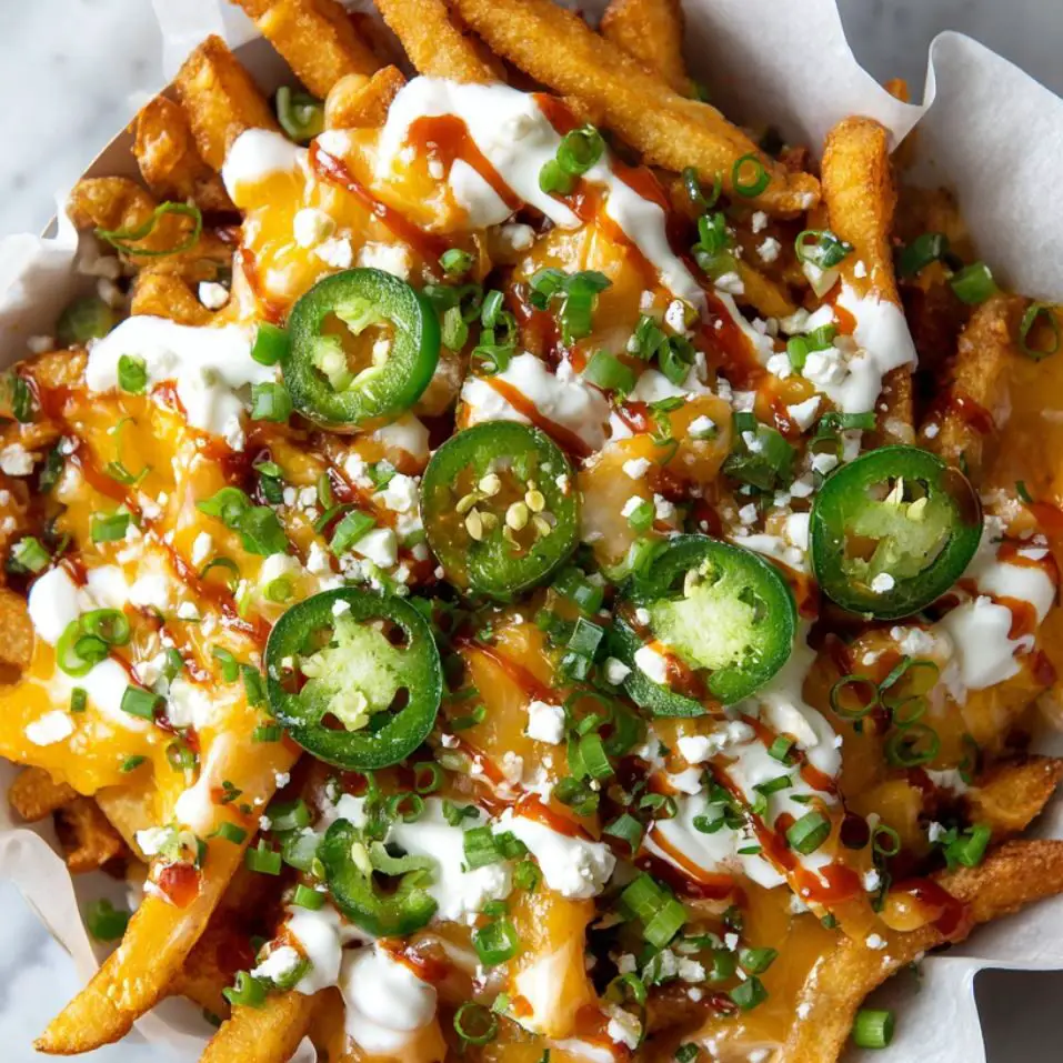Finished spicy cheese fries topped with jalapeños, sour cream, and hot sauce.
