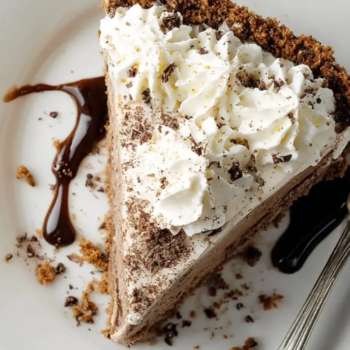 A slice of mocha ice cream cake served on a plate with whipped cream