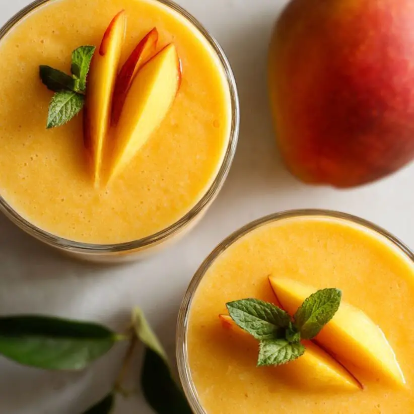 Peach mango smoothie poured into two glasses with mango and peach garnish