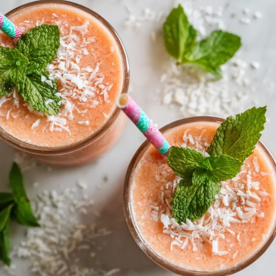 Two glasses of guava smoothie served with straws and garnishes

