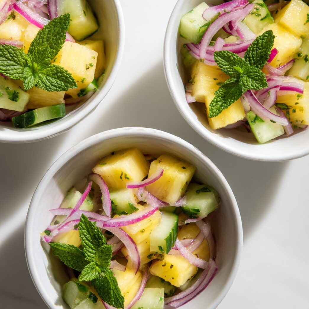 Served pineapple cucumber salad with mint in white bowls

