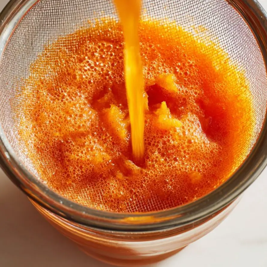 Straining papaya juice into a serving glass