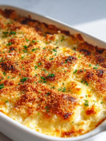 Homemade tuna potato bake recipe fresh from the oven on white counter