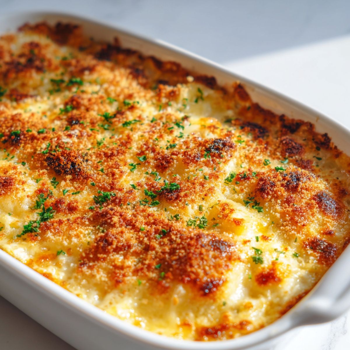 Tuna potato bake recipe fresh from the oven on white counter