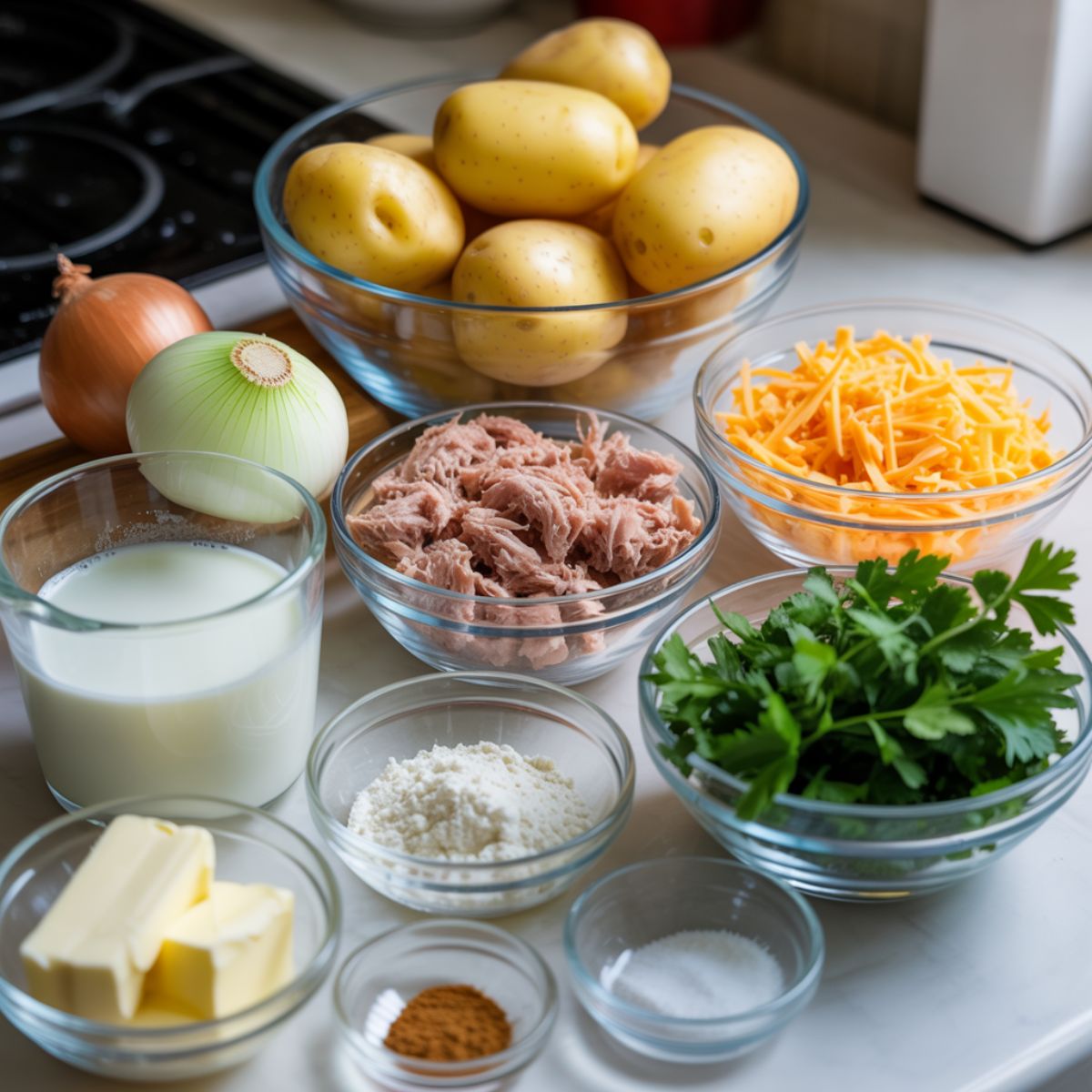 Raw ingredients for tuna potato bake recipe including potatoes, tuna, cheese, and milk