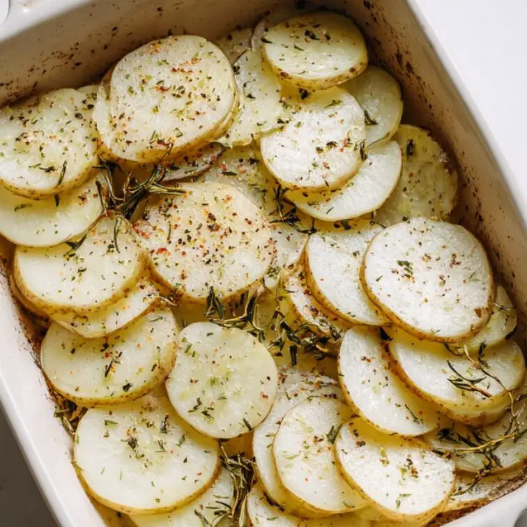 Layering seasoned potato slices in baking dish for tuna potato bake”