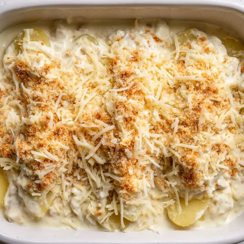 Layering final ingredients for tuna potato bake before baking