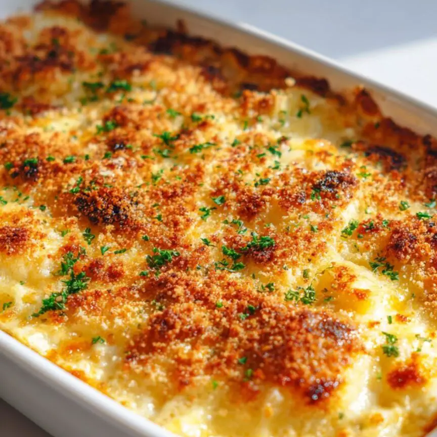 Golden baked tuna potato casserole garnished with fresh parsley