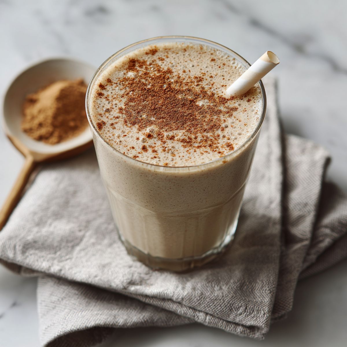 Creamy Vanilla Chai Protein Shake Recipe served in a glass on white kitchen counter
