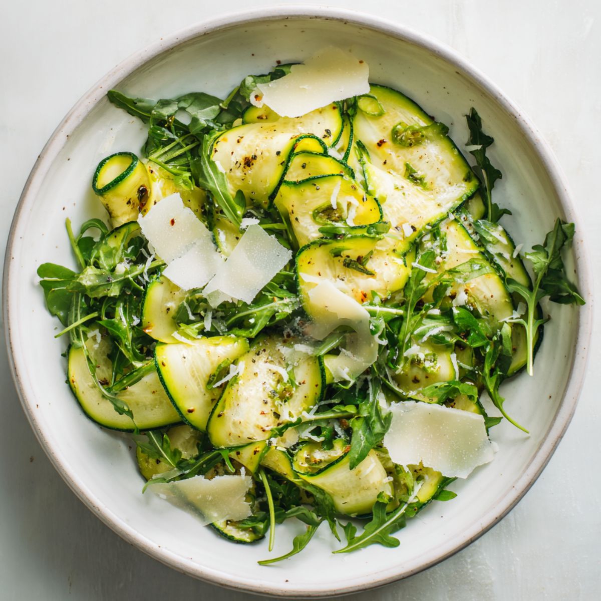 Fresh zucchini ribbon salad recipe with lemon and parmesan on white kitchen counter

