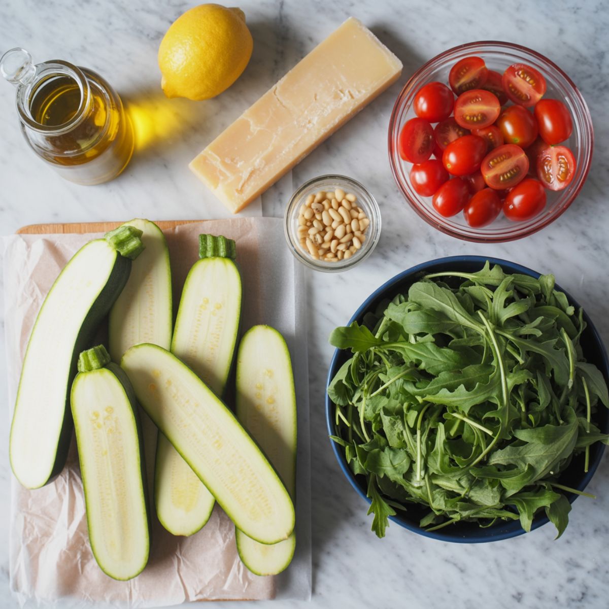 Ingredients for zucchini ribbon salad spread casually on kitchen counter