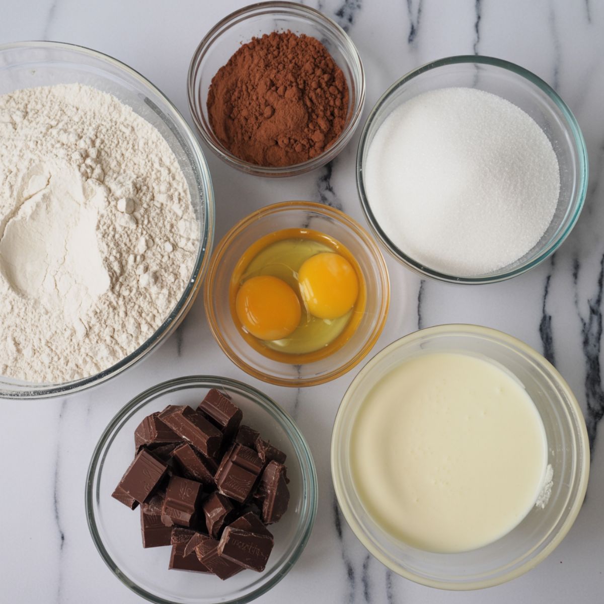 Overhead photo of homemade chocolate truffle cake ingredients including cocoa powder, sugar, eggs, flour, chopped dark chocolate, and cream on a white kitchen counter.