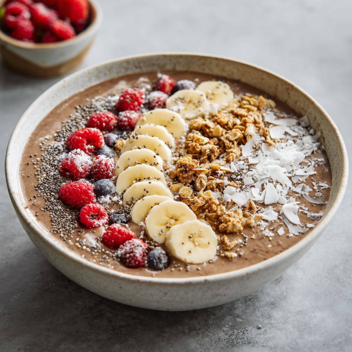 Homemade chocolate banana smoothie bowl recipe with granola, sliced bananas, chia seeds, coconut flakes, and fresh berries on a white kitchen counter, photographed from above.