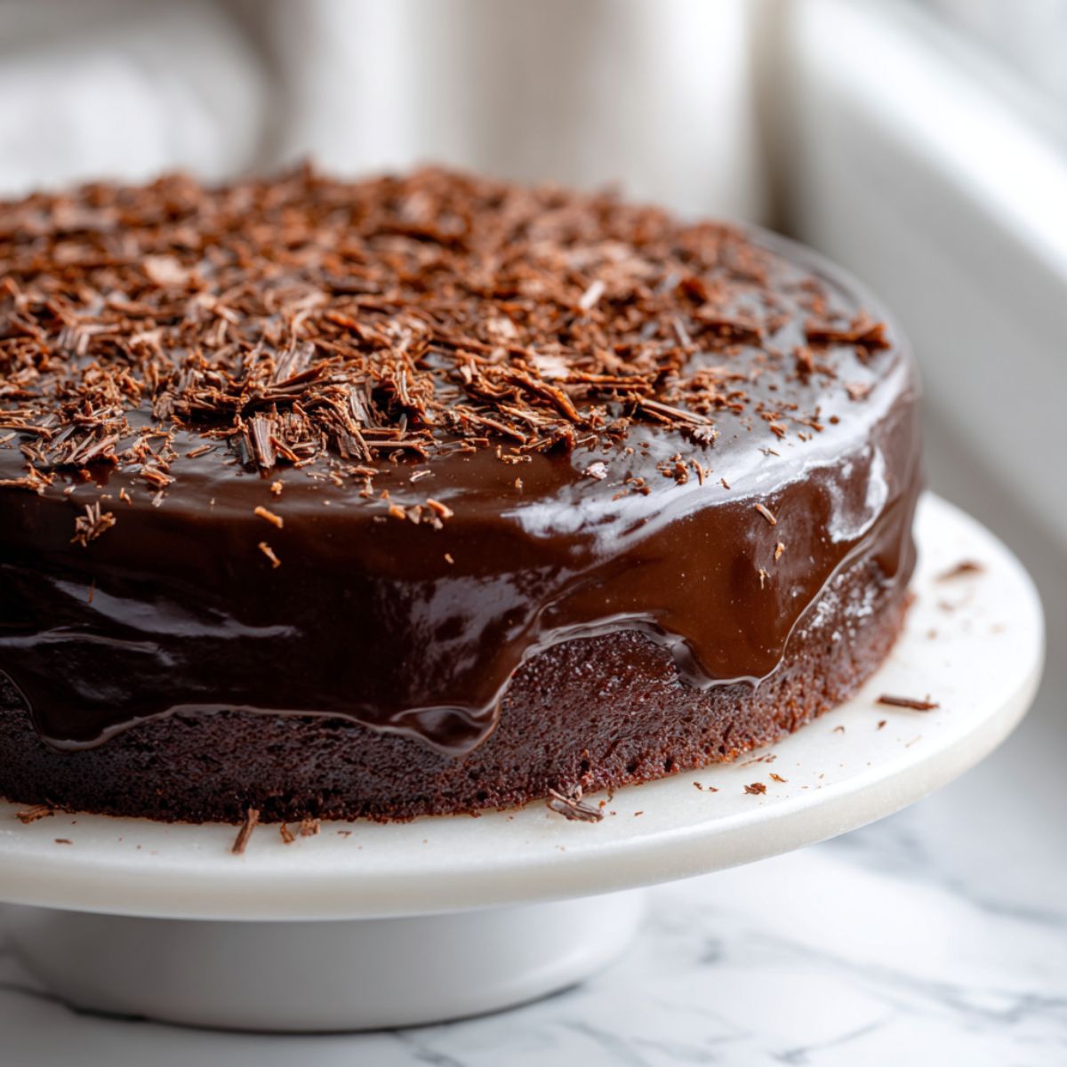 Overhead shot of a homemade chocolate truffle cake recipe with glossy ganache and chocolate shavings on a white kitchen counter.