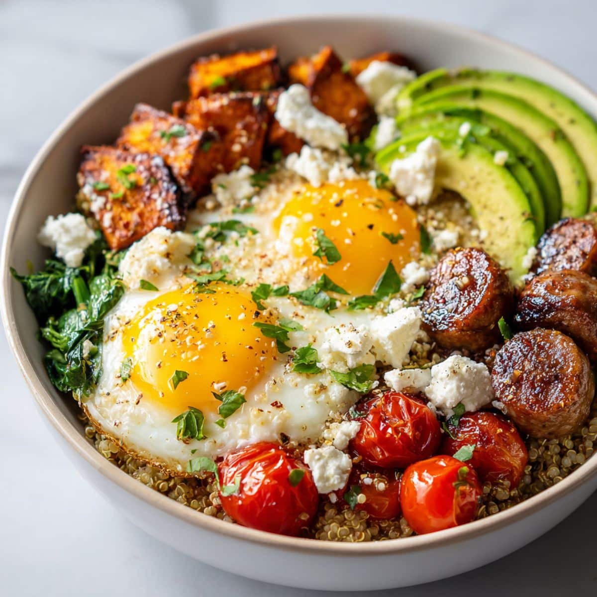 Homemade savory breakfast bowl recipe with eggs, avocado, spinach, sweet potatoes, and cherry tomatoes on a white kitchen counter, photographed from above.