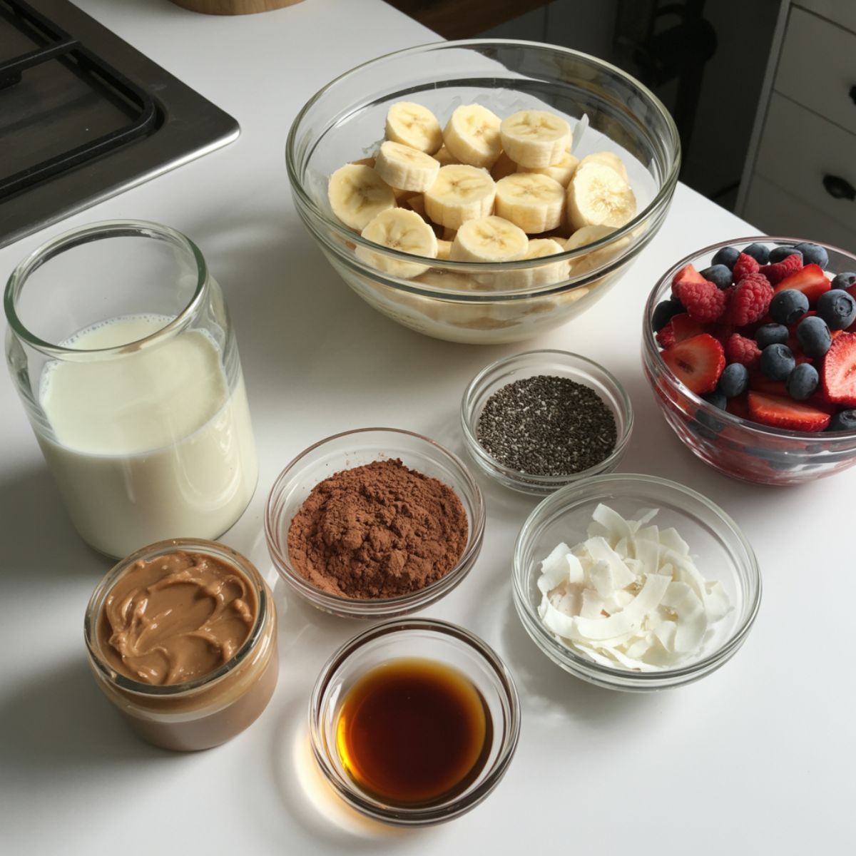 Flat lay of chocolate banana smoothie bowl ingredients including frozen bananas, cocoa powder, almond milk, almond butter, vanilla, maple syrup, and toppings on a white kitchen counter.
