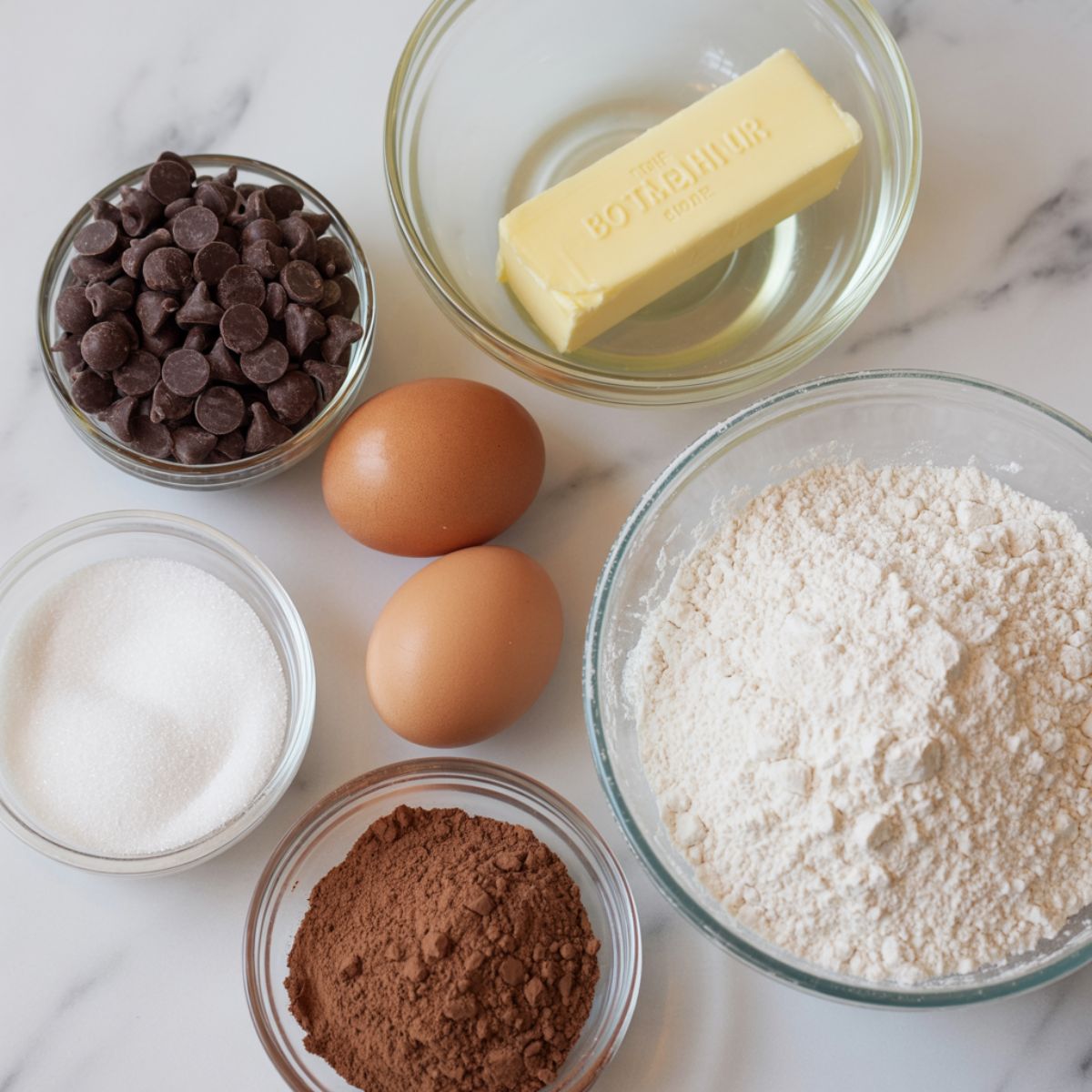 Overhead shot of chocolate lava brownie ingredients on a white marble counter, including chocolate chips, butter, eggs, sugar, flour, and cocoa powder in a homemade kitchen setup.