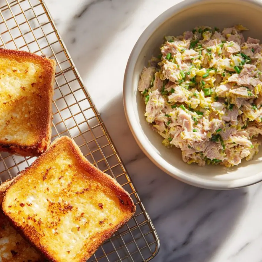 Golden brown toast cooling beside bowl of seasoned tuna salad