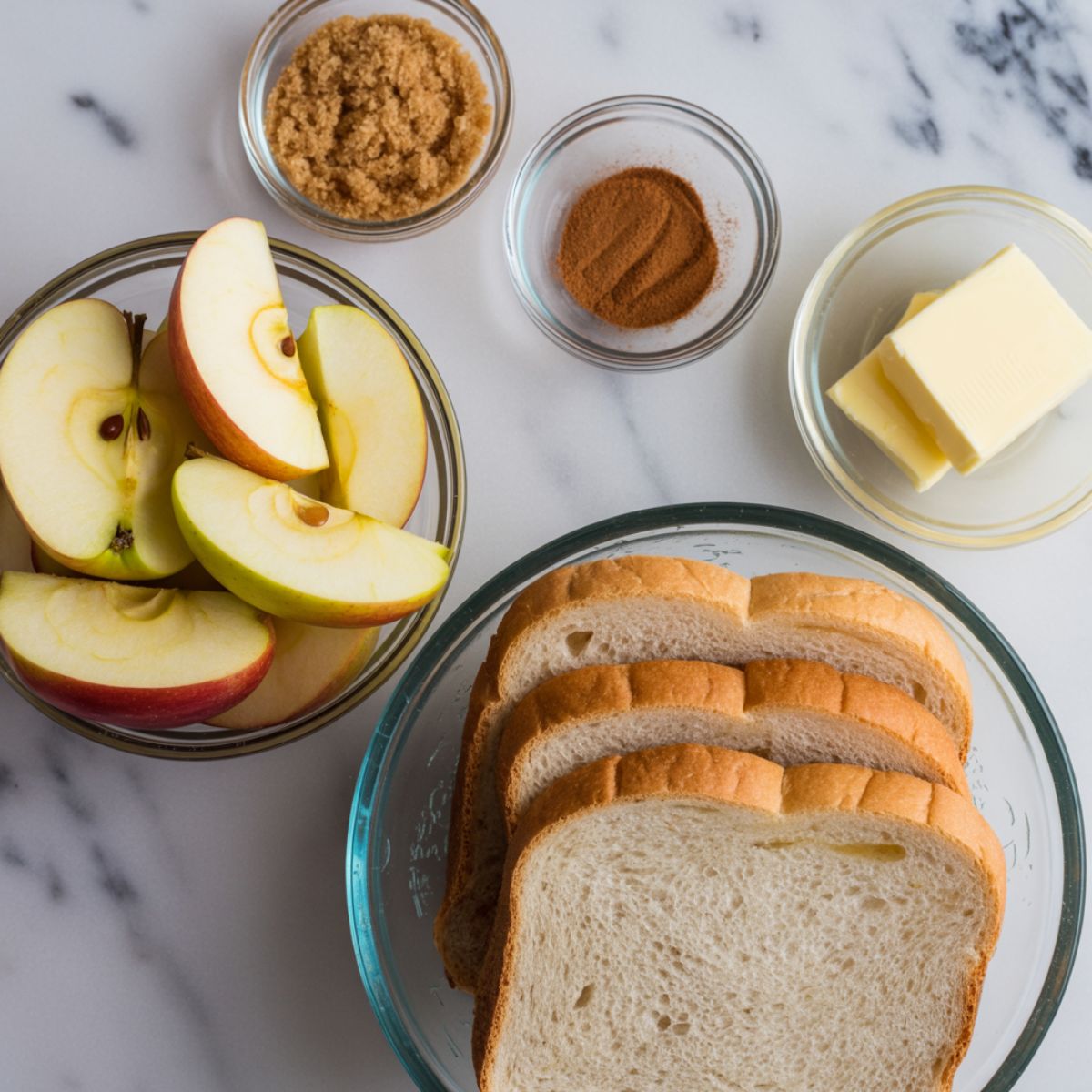 Apple toast recipe ingredients arranged on a white counter from overhead.