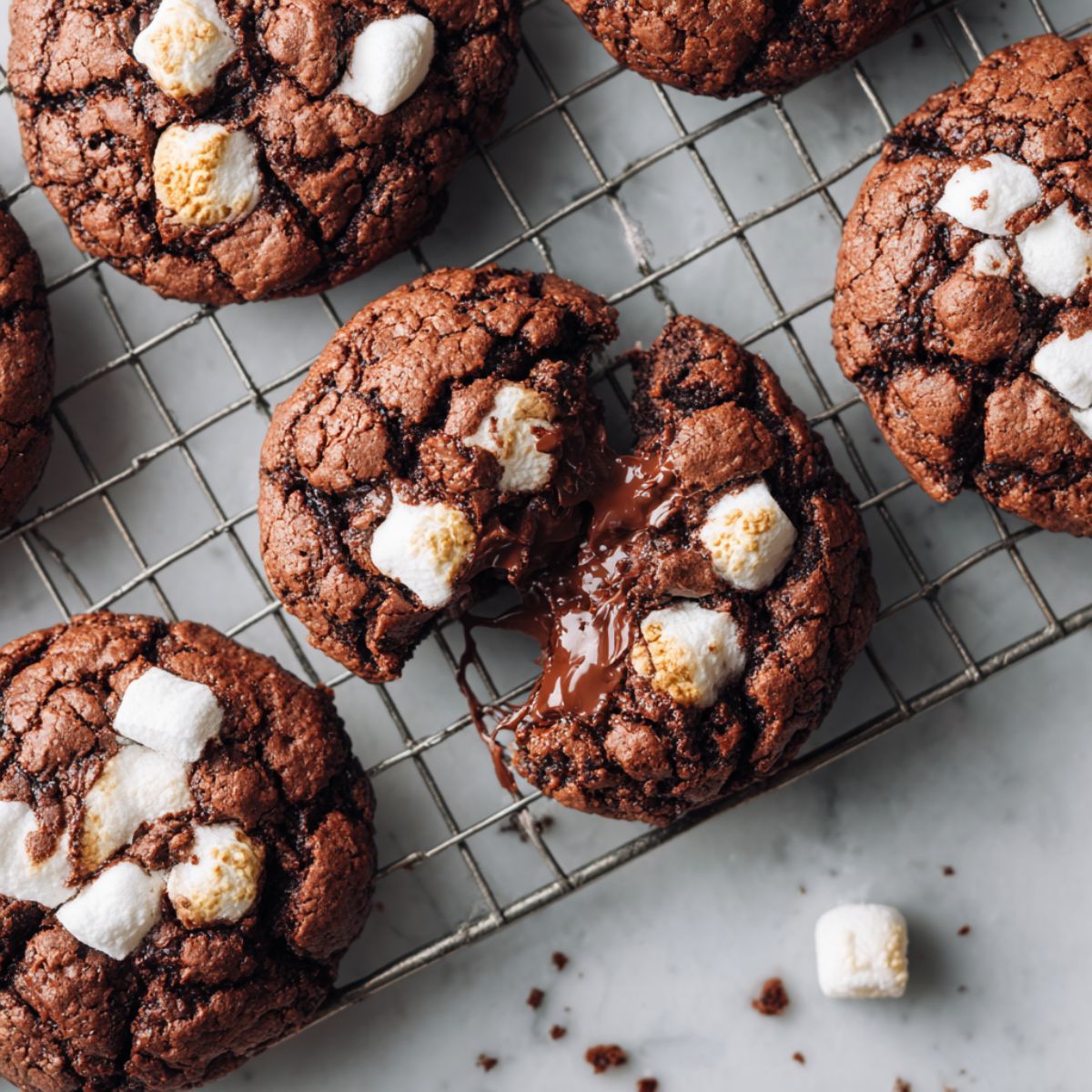 Freshly baked hot cocoa cookies recipe with melted chocolate and marshmallows on a cooling rack