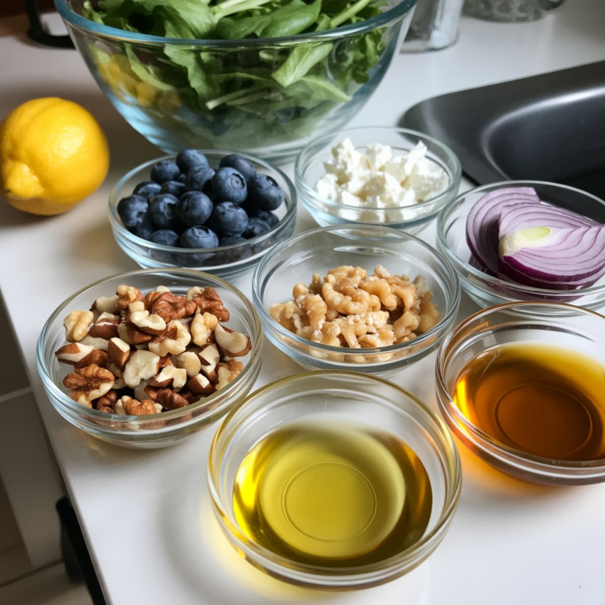 Ingredients for blueberry walnut salad arranged on a white kitchen counter.