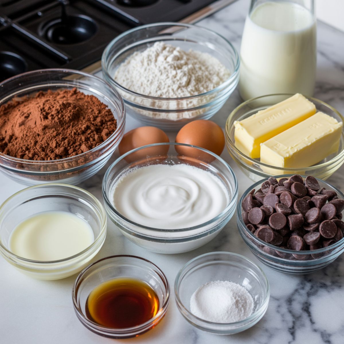 Overhead view of brownie chunk ice cream ingredients on white marble counter