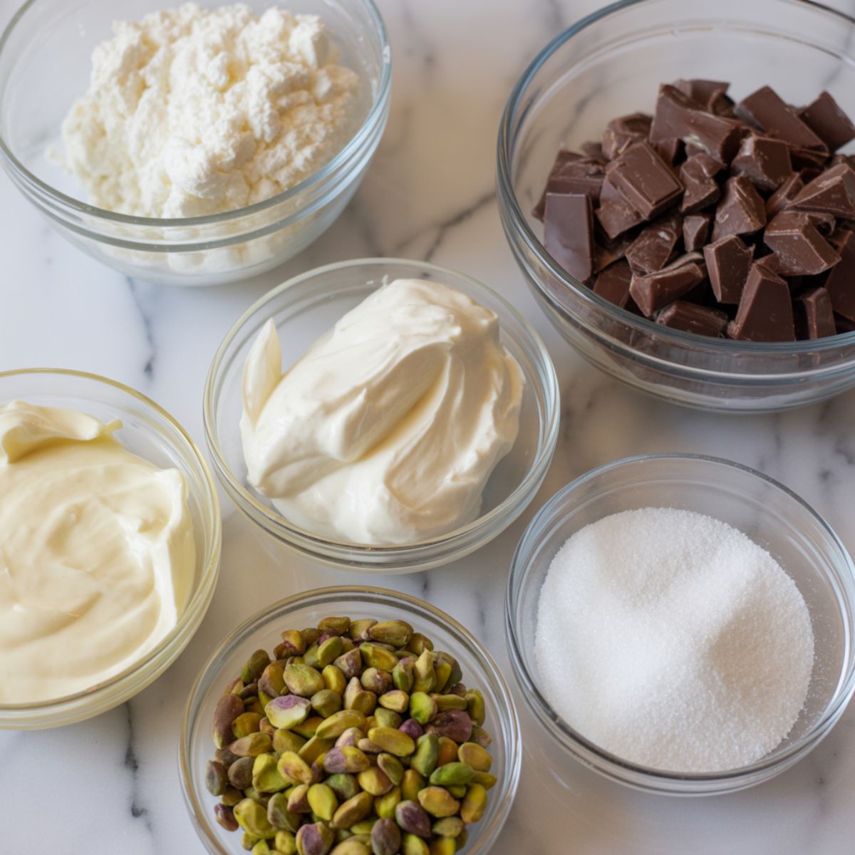 Flat lay of cannoli ingredients including ricotta, mascarpone, chocolate, pistachios, and sugar on a white kitchen counter, photographed overhead in a casual homemade style.