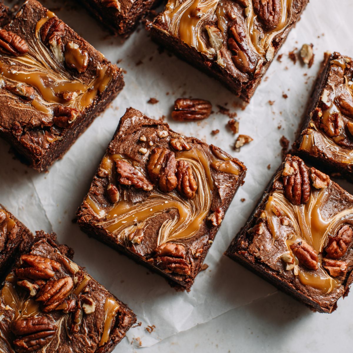 Freshly baked caramel pecan brownies recipe with gooey caramel swirls and toasted pecans on a white kitchen counter.