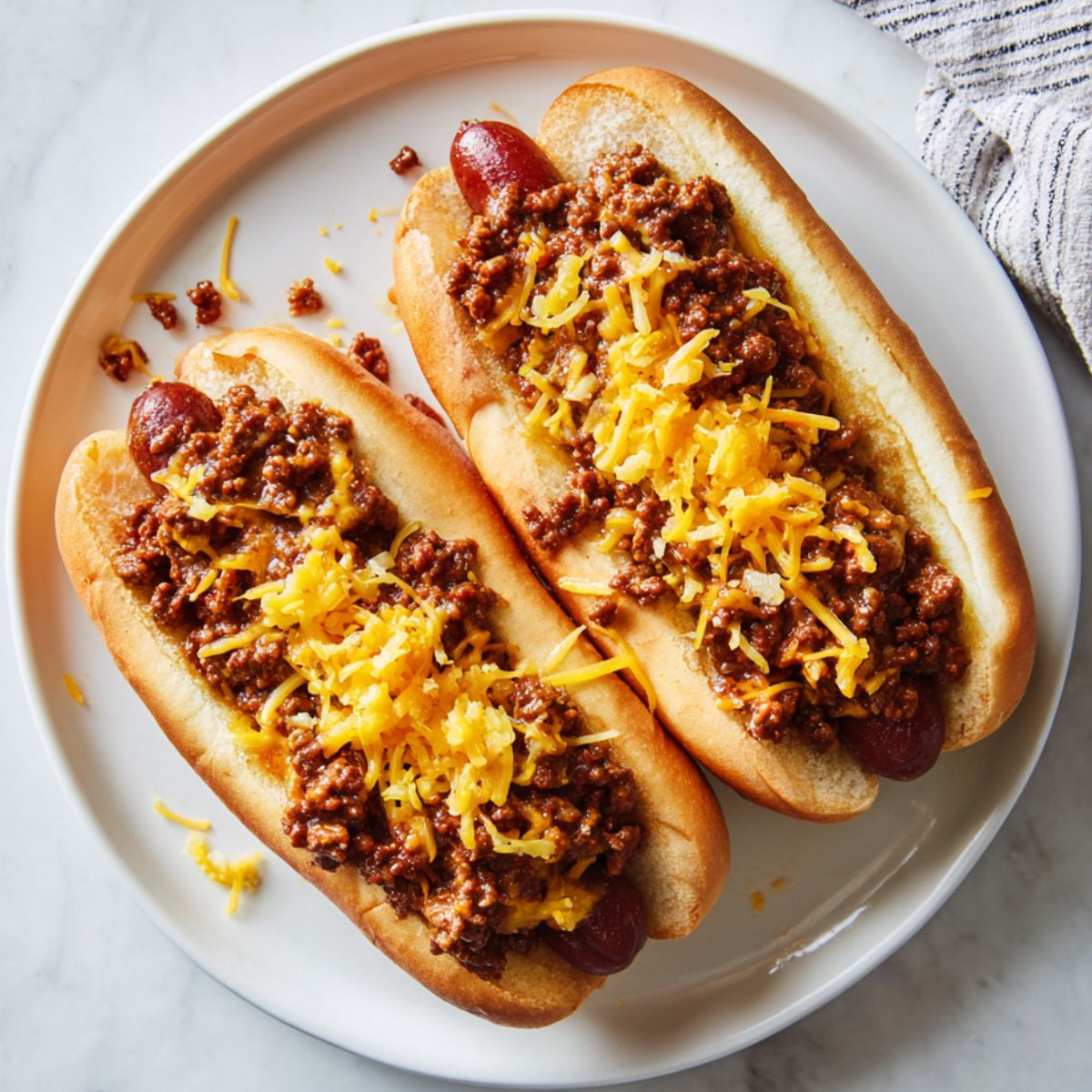 Two chili cheese hot dogs recipe on toasted buns, smothered in homemade chili and melted cheddar, on a white countertop