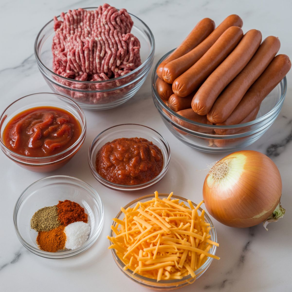 Flat lay of ingredients including ground beef, hot dogs, tomato paste, spices, and shredded cheddar on a white countertop