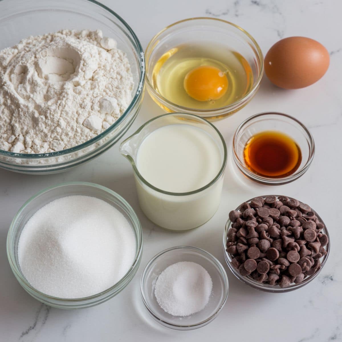 Top view of chocolate chip waffle ingredients arranged on a white kitchen counter, including flour, eggs, buttermilk, butter, vanilla, and mini chocolate chips.
