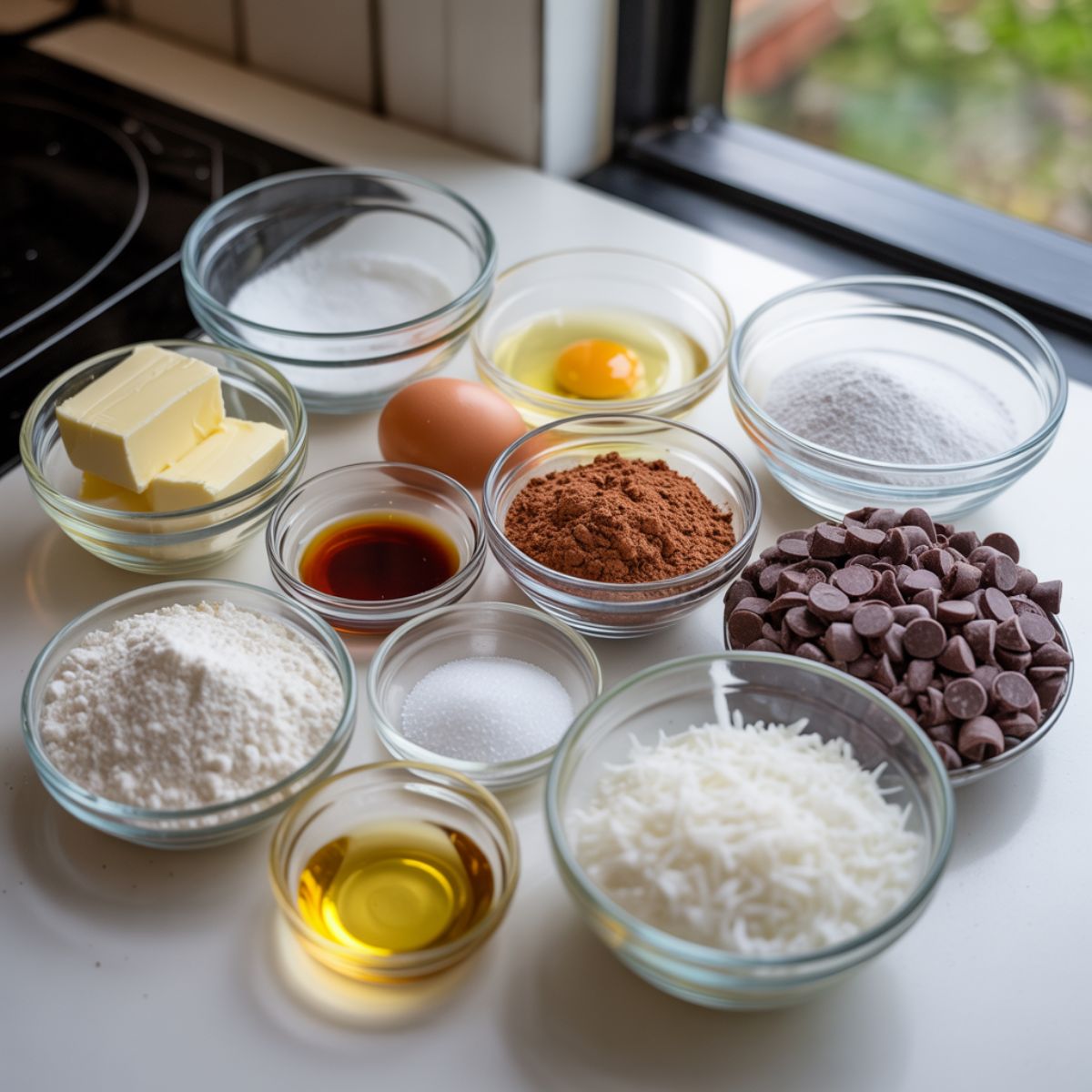 Overhead view of coconut brownies ingredients on a white kitchen counter, displayed in a casual, homemade style

