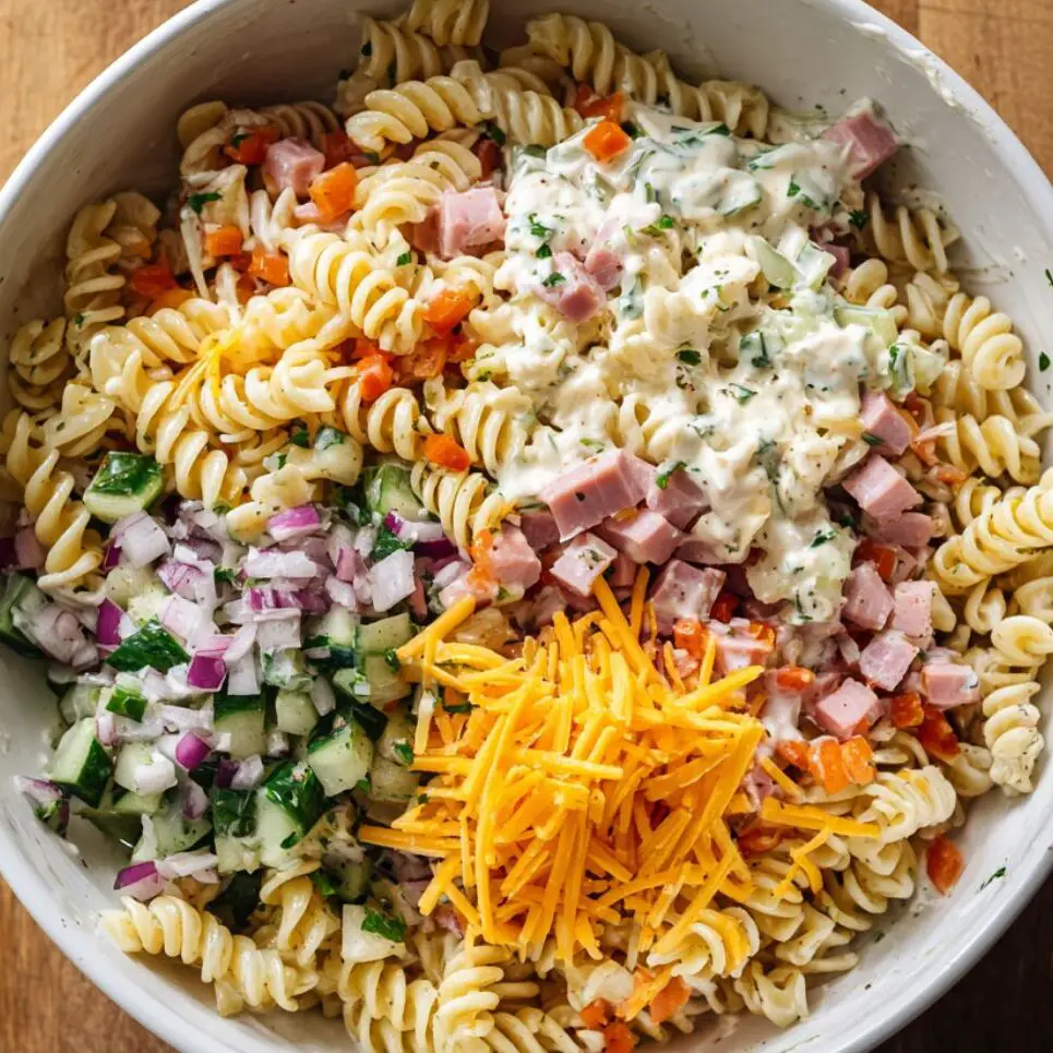Partially mixed pasta salad with ham, cheese, and vegetables in a large bowl