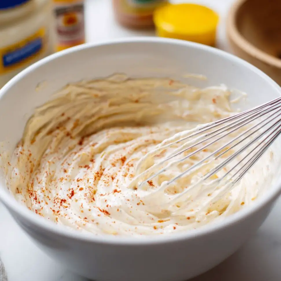 Creamy pasta salad dressing in a mixing bowl with spices on a white kitchen counter