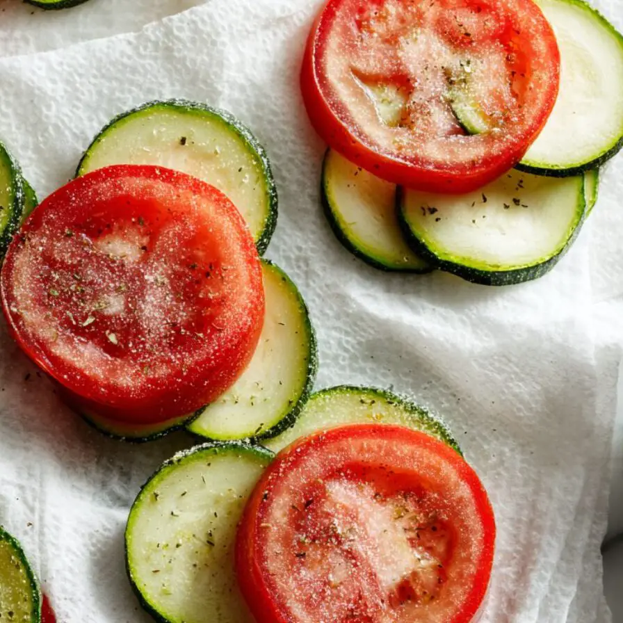 Salted zucchini and tomato slices drying on paper towels over a white counter.

