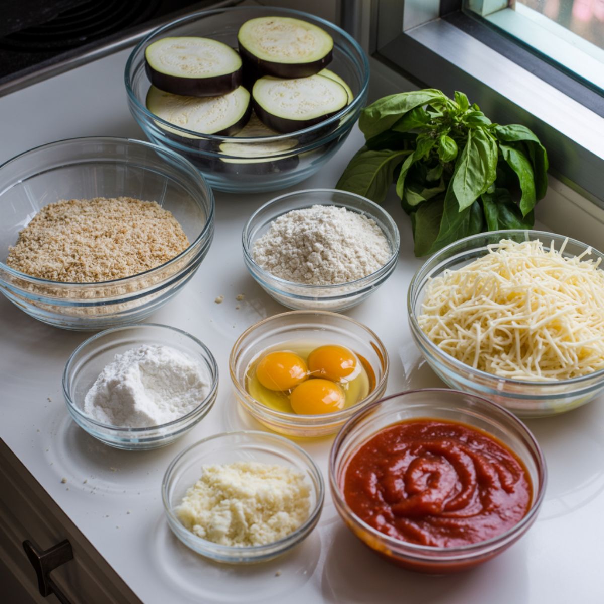 Overhead photo of raw ingredients for eggplant parmesan stacks including sliced eggplant, cheese, breadcrumbs, eggs, and marinara sauce on a white kitchen counter.