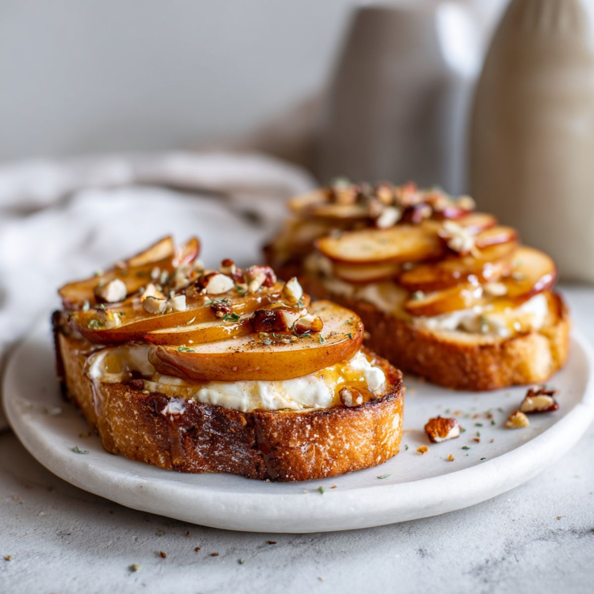 Homemade apple toast recipe with caramelized apples and cinnamon on a white counter, overhead view.