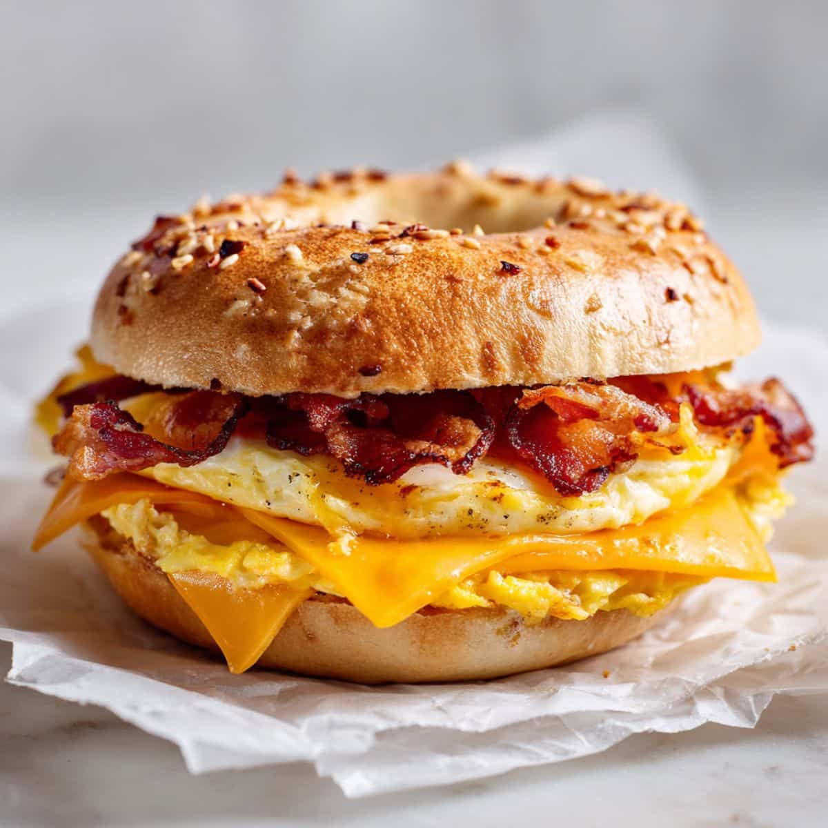 Homemade breakfast bagel sandwich recipe with egg, melted cheddar cheese, and bacon on a white kitchen counter photographed from above.