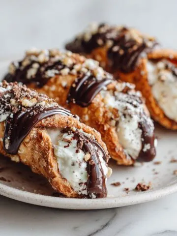 Homemade chocolate dipped cannoli recipe with ricotta filling on a white kitchen counter, rustic and imperfect for a real homemade look.