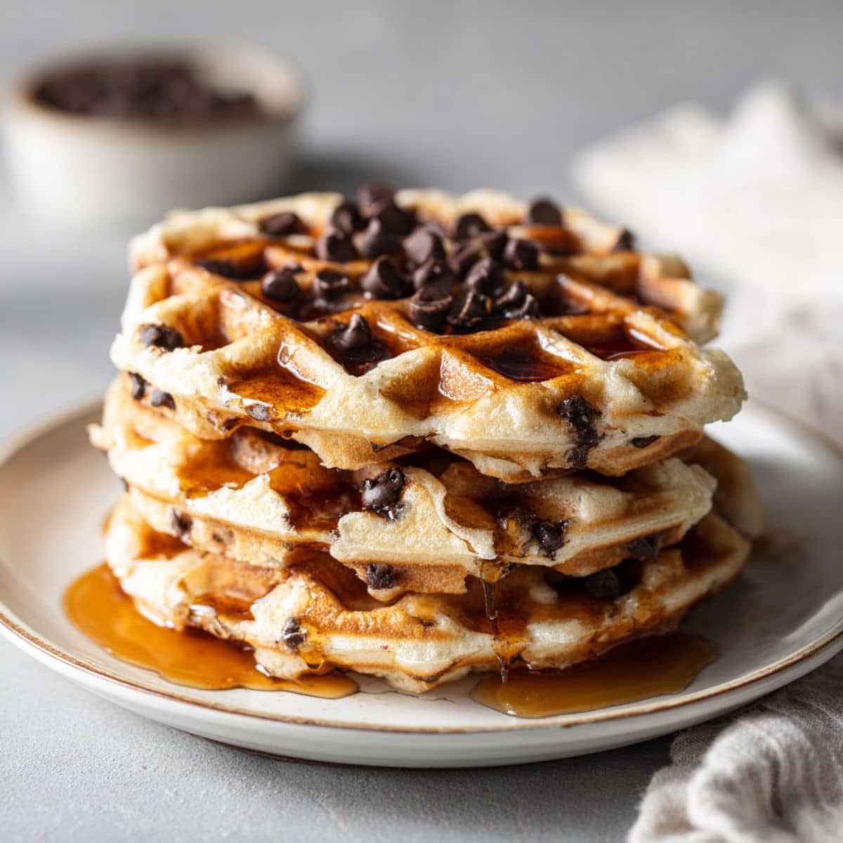 Overhead shot of homemade chocolate chip waffles recipe stacked on a white plate with melted chocolate chips and maple syrup, sitting on a white kitchen counter.