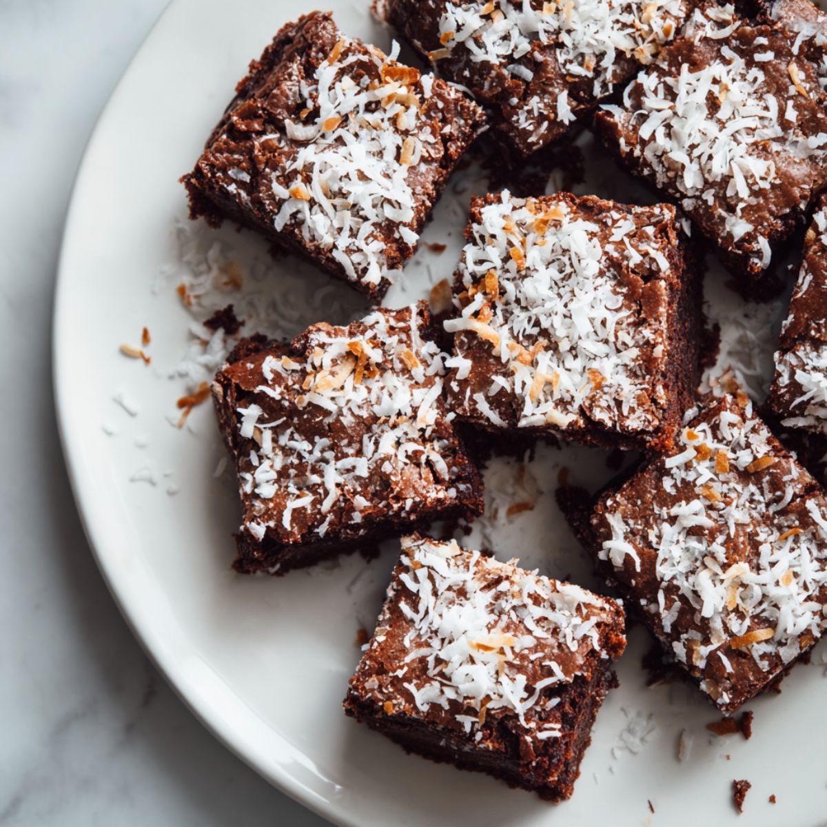 Freshly baked coconut brownies recipe with shredded coconut topping on a white kitchen counter, overhead shot

