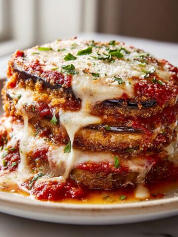 Overhead shot of homemade eggplant parmesan stacks recipe on a white kitchen counter with melted cheese and marinara sauce.