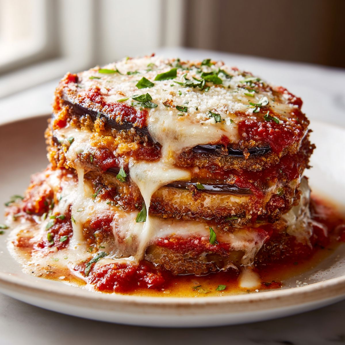 Overhead shot of homemade eggplant parmesan stacks recipe on a white kitchen counter with melted cheese and marinara sauce.